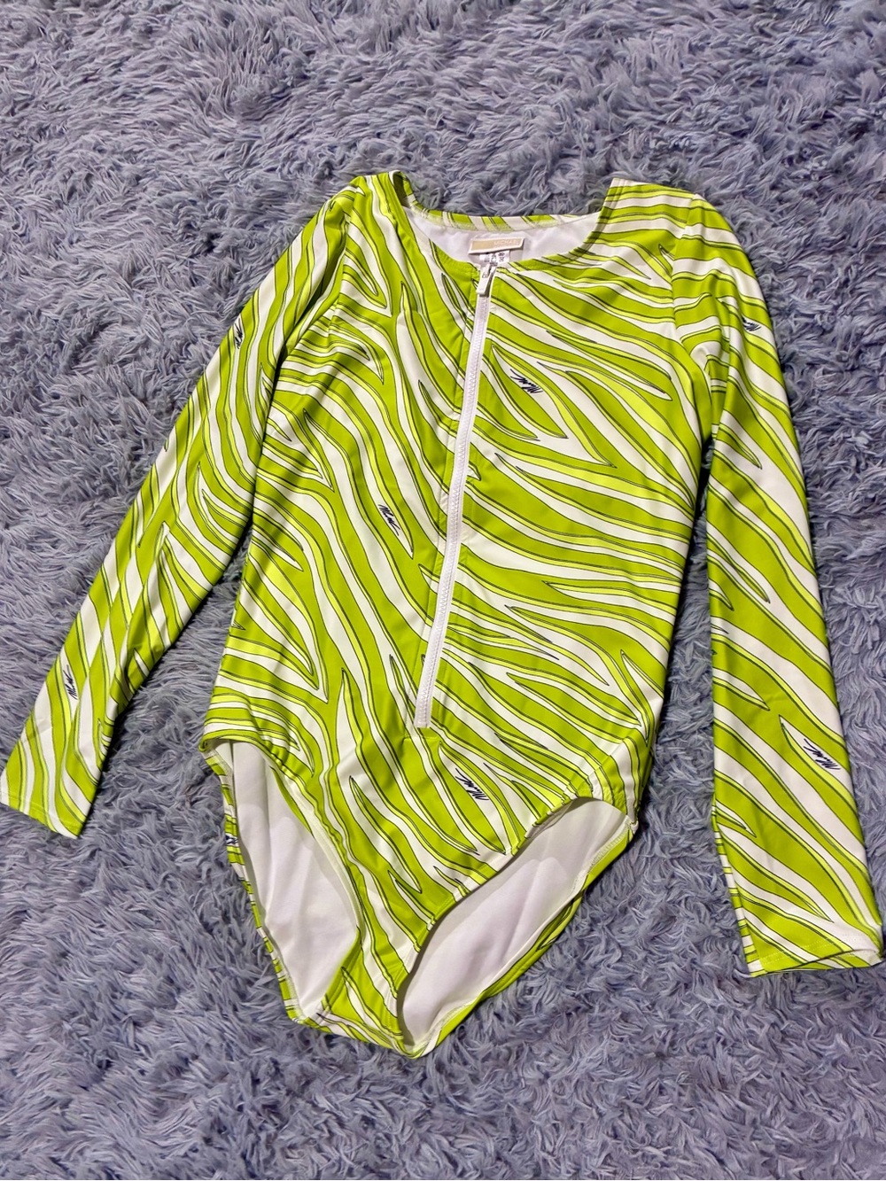 NEW Michael Kors one piece long sleeve rashguard zipper zebra limeade print XL
